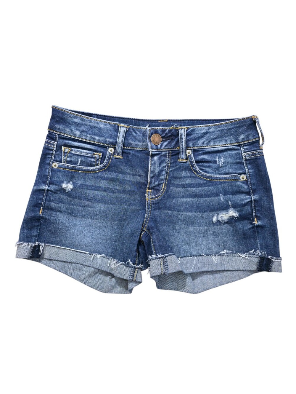 American Eagle Super Stretch Distressed Jean Shorts Cuffed Blue Denim Sz 4 3558